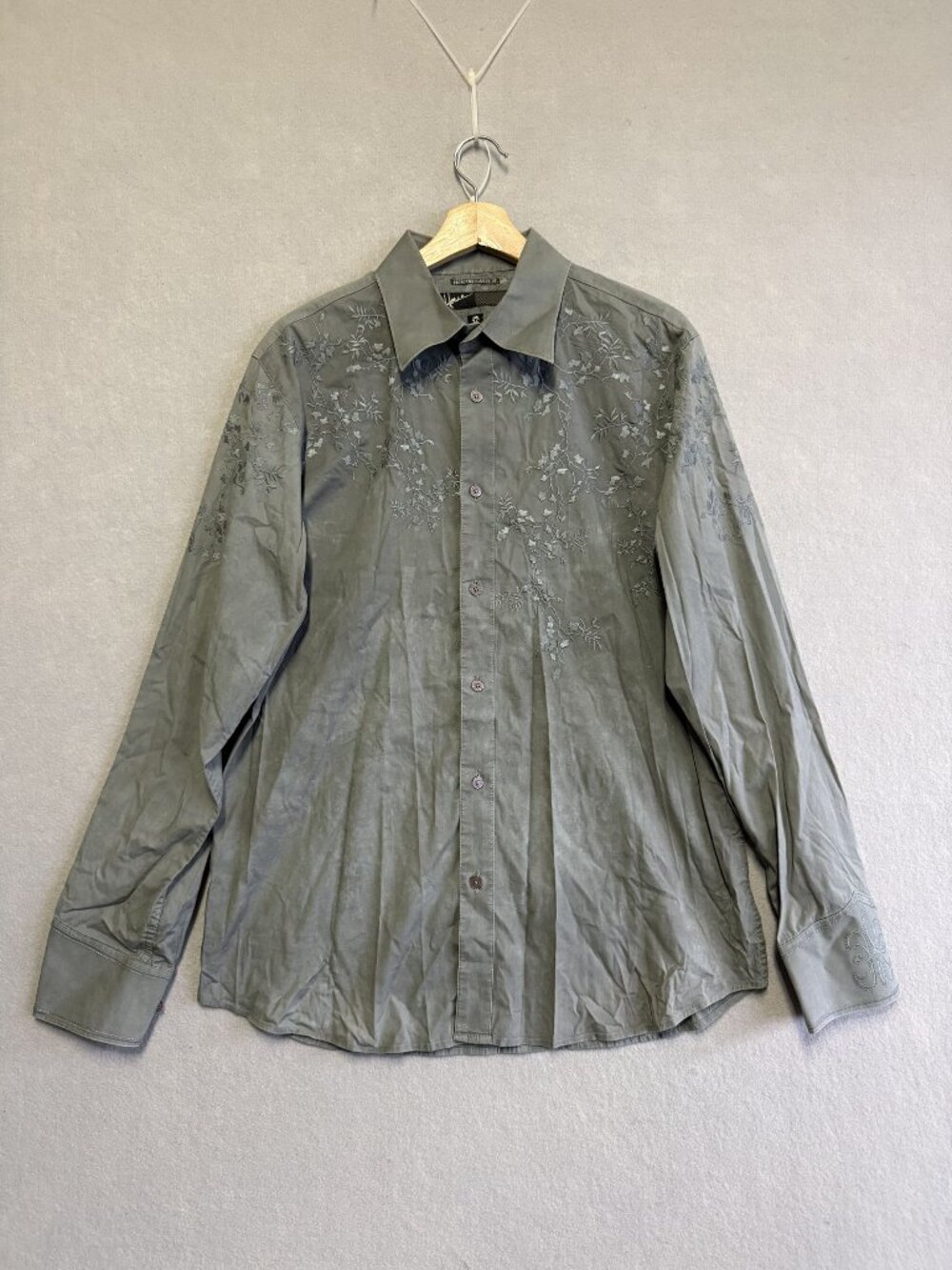 From The House Of Howe Mens Embroidered Button-Up Shirt L Gray Long Sleeve